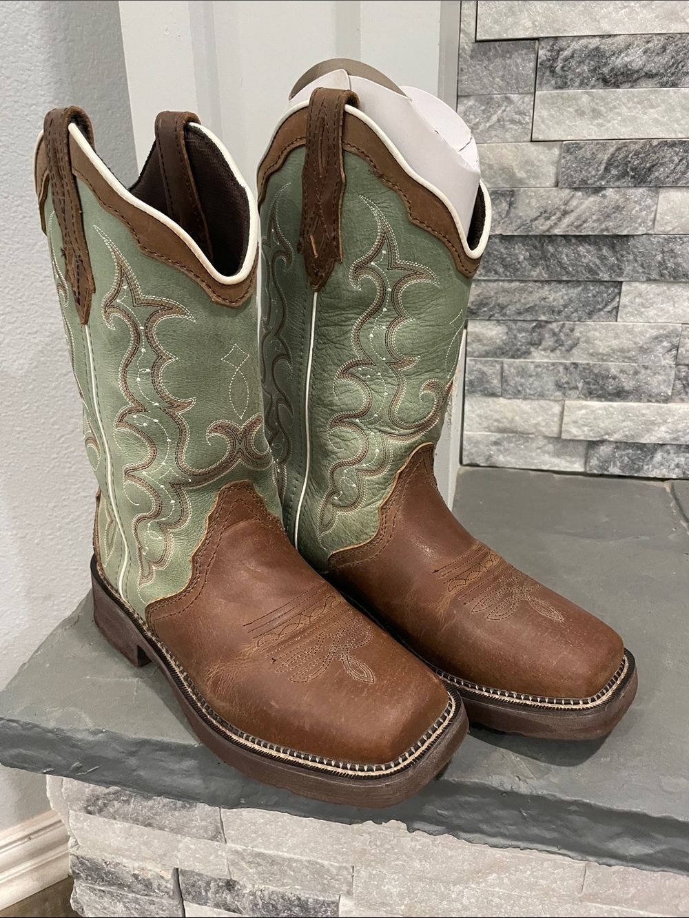 Justin Boots Brown Leather & Sage Green Western Heeled Cowboy Boots